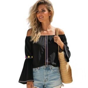Pitusa Off The Shoulder Black Pom Pom Bell Sleeve Top - One Size Festival Boho